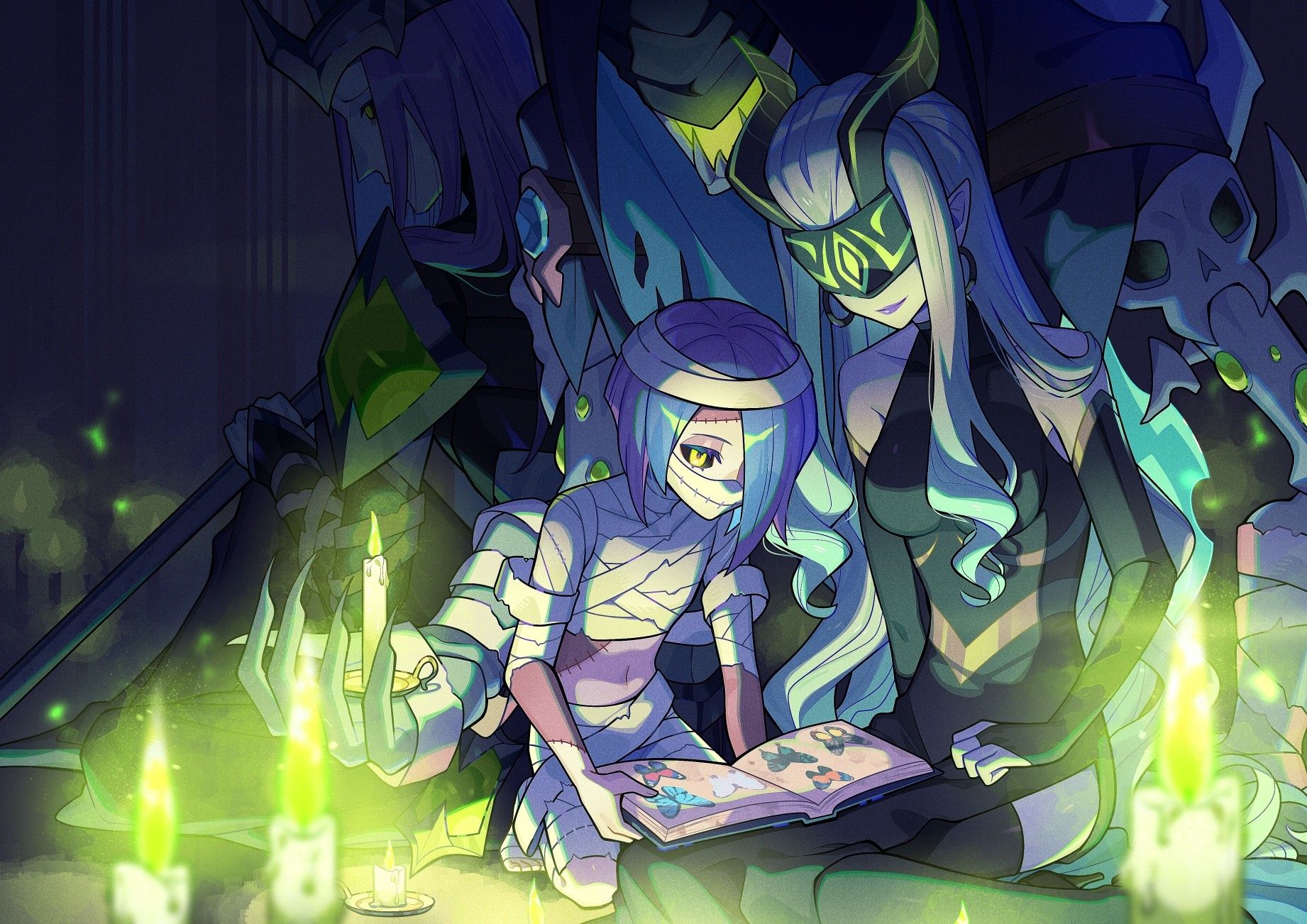 a family of four monsters enjoys a cozy night together.  a young, bandaged child sits in the lap of a tall, elegant monster with long white hair and horns,  listening intently as she reads from a book. warm candlelight illuminates the scene, revealing two other figures in the background  a skeletal figure and another with glowing green accents. the atmosphere is one of warmth, love, and just a touch of spooky fun.