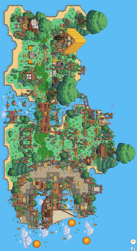 this image is a topdown view of a vibrantly colored, pixel art island design, likely from a farming or life simulation video game. lush green trees and plants cover the majority of the land, interspersed with fences, paths, and various buildings constructed from wood and stone. a small sailboat sits docked on the lower left side of the island, surrounded by more buildings that suggest a bustling community. the bright sun and clear blue sky create a cheerful, inviting atmosphere.