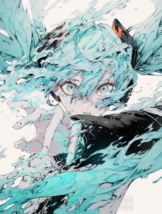 this is a dynamic and vibrant digital illustration of hatsune miku, the popular vocaloid character. she is depicted in a closeup portrait, her turquoise hair flowing wildly like water splashes around her. her expression is intense and focused, with bright blue eyes that stand out against her pale skin. she's wearing a black and white outfit, which contrasts beautifully with her vibrant hair. the overall feel of the illustration is one of energy, motion, and power.