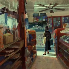 a woman is standing in the aisle of a convenience store, bathed in warm, natural light streaming through the storefront window. she is looking at the items on the shelves across from her, her back to the viewer. the store is depicted in a realistic style, with shelves stocked with various products. the overall atmosphere is calm and mundane.