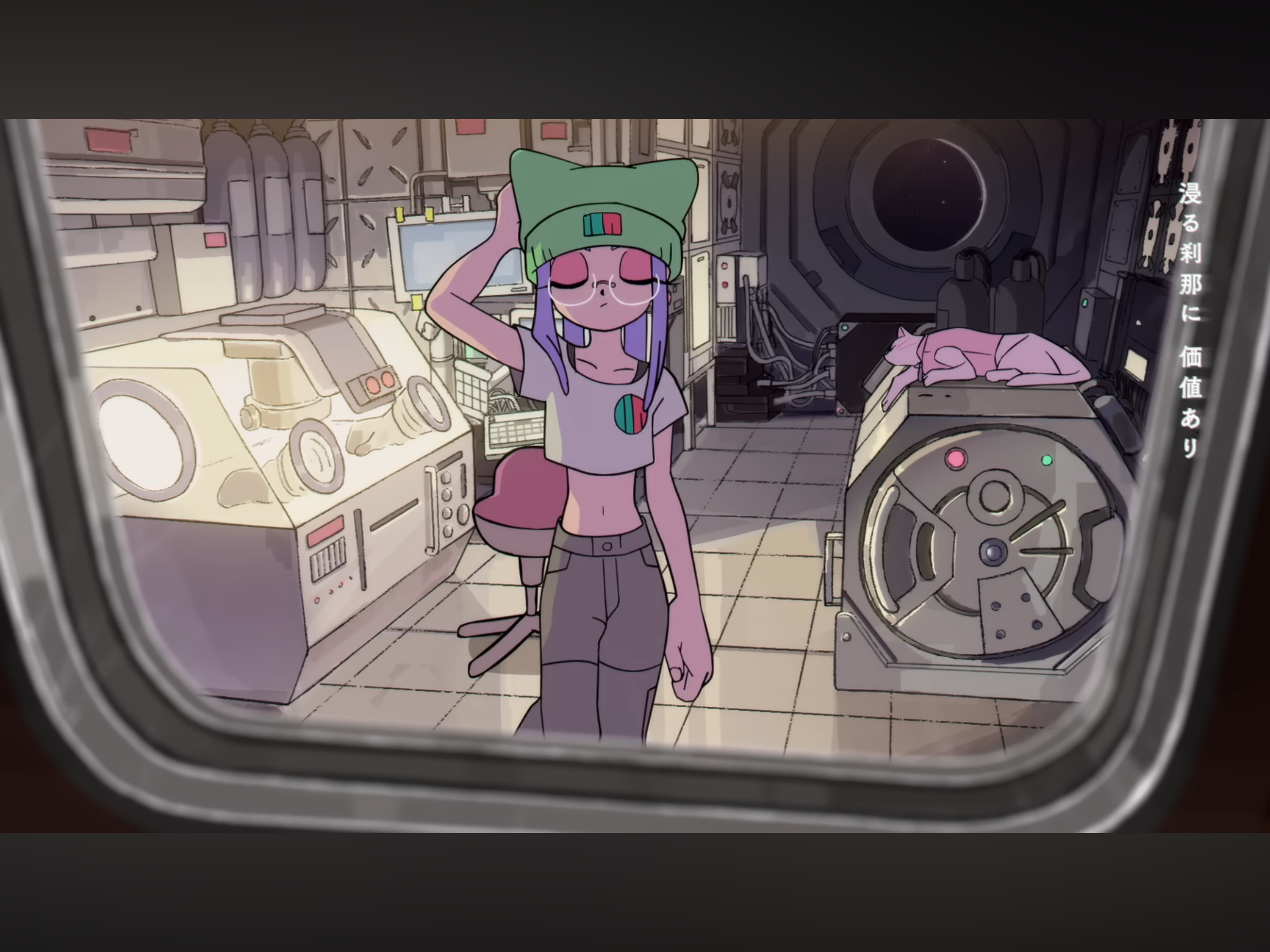 the image is an illustration of a girl standing inside a spaceship laboratory. the perspective is from outside the spaceship, looking in through a round window. the girl is stylized in a cartoon/anime aesthetic, and there is a cat sleeping on a piece of equipment behind her. the overall color palette is muted with an emphasis on greys. the lighting suggests it may be sunset outside the spaceship.