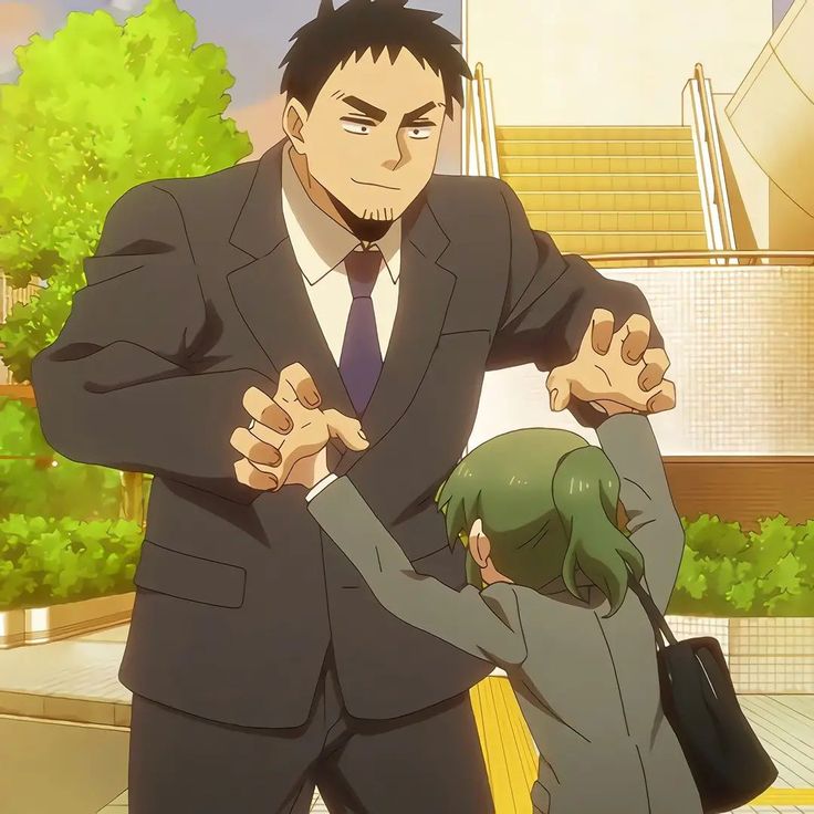 an anime character in a suit with a tie and a young female anime character in a school uniform are on the street. the man is holding the girl's arms and they both are looking at each other. there are stairs and buildings in the background. the girl is holding a bag.