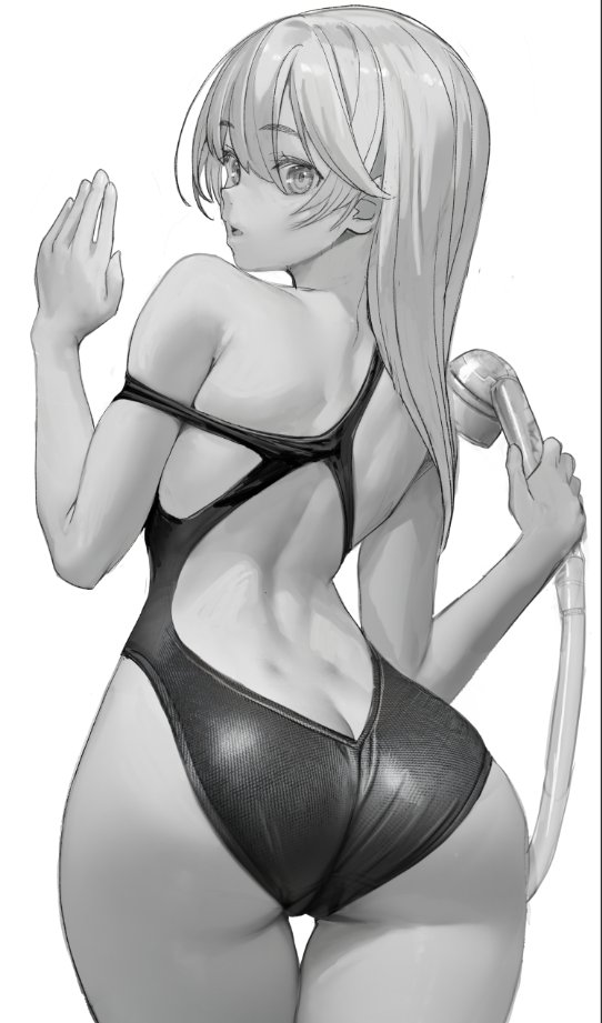 the image is a grayscale digital drawing or artwork depicting an animestyle woman from the back. she is slender with a somewhat muscular build, and her long blonde hair falls down her back. she's wearing a darkcolored onepiece swimsuit that's slightly pulled down from her shoulders. she's holding a shower head and looks over her shoulder with a slightly coy expression. the art style is reminiscent of manga or anime, featuring smooth lines and shading to create a sensual yet somewhat innocent atmosphere.