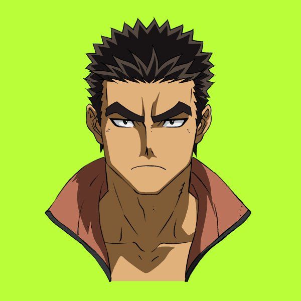 this is a digital illustration of an anime character. the character is a young male with dark hair, dark eyes, and a serious expression. he is wearing a red and black jacket. the background is green.