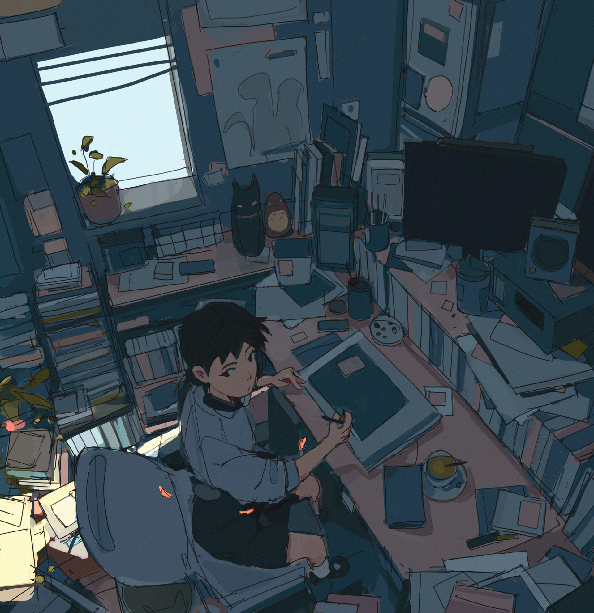 an animestyle illustration of a cluttered room with a person sitting in a chair at a desk. the desk is covered with a monitor, books, papers, a drawing tablet, a cup, and a pen. the person appears to be an artist drawing on the tablet. to the left of the desk is a bookshelf filled with books and papers. a plant sits in the window. a black cat statue sits on a shelf above the desk.