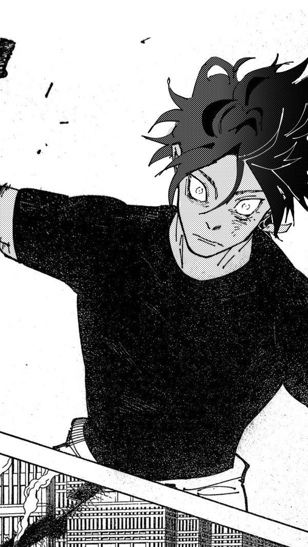 the image is a black and white mangastyle illustration depicting a young man with spiky hair and a determined expression. he appears to be in the midst of a fight or intense action, possibly throwing a punch. his attire is simple, consisting of a darkcolored shirt and what seems to be pants. the background features a cityscape with buildings partially obscured, suggesting a dynamic and possibly destructive scene. the overall style is highly dramatic and energetic, conveying a sense of power and movement.