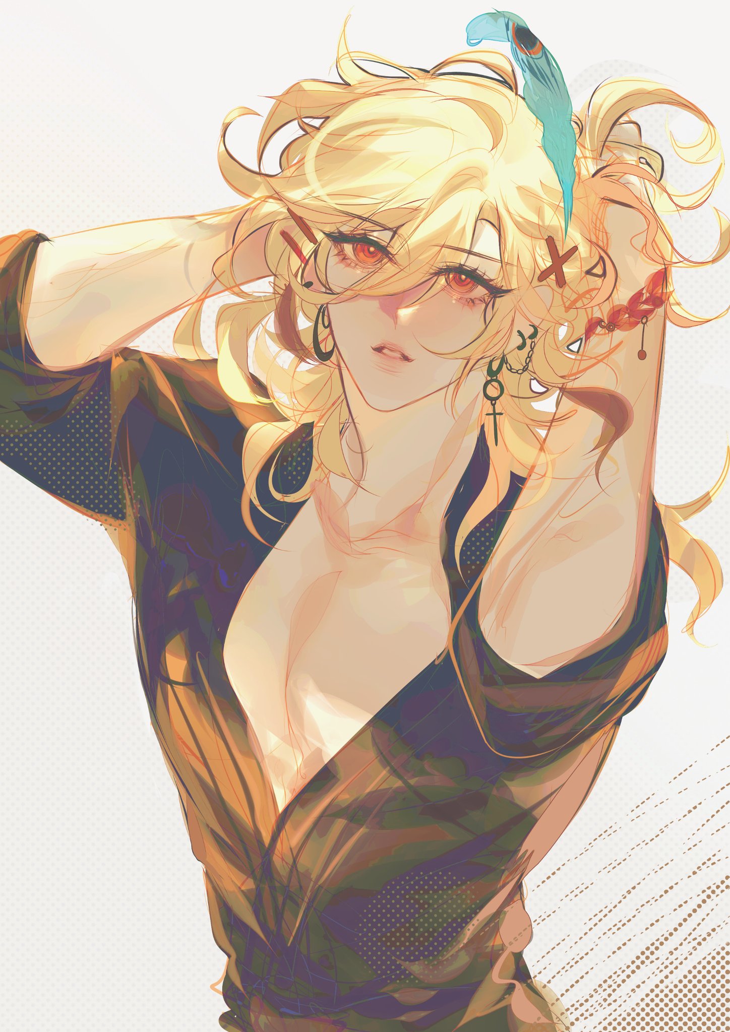 the image is a digital painting or illustration of a young woman with long, wavy blonde hair. she has red eyes and is wearing a loose, opencollared shirt that reveals some cleavage.  she has several tattoos on her arms and is wearing earrings and a necklace with a cross pendant. her expression is somewhat serene and suggestive. the art style is animeinspired, with soft colors and a focus on details of the hair, skin, and clothing. the background is a simple offwhite with subtle linework.