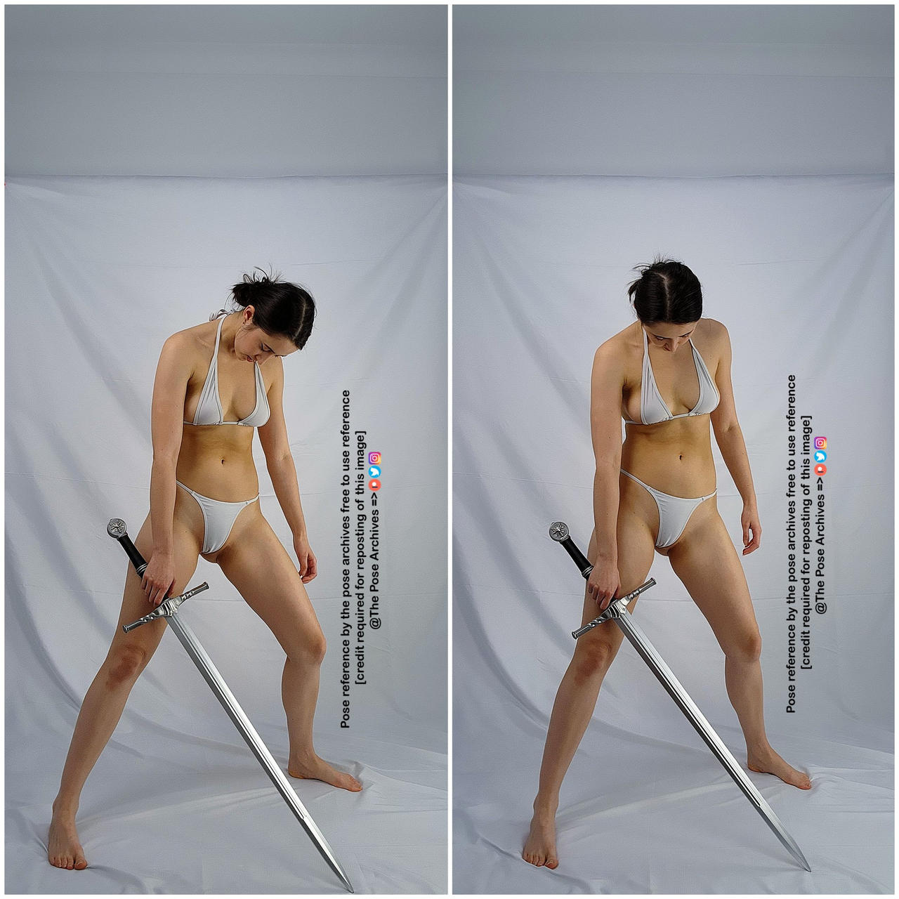 a woman in a white bikini is standing with a sword in her hand, looking down at it. the background is a plain white wall.