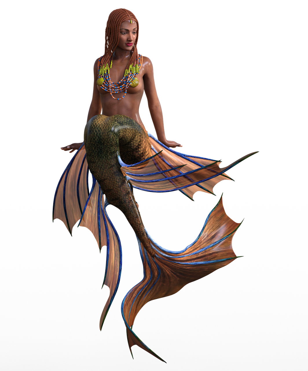 a digital art image of a mermaid with brown skin, braided hair, and a beaded necklace. her tail is covered in green and brown scales with large, bronzecolored fins edged in blue. the background is black.
