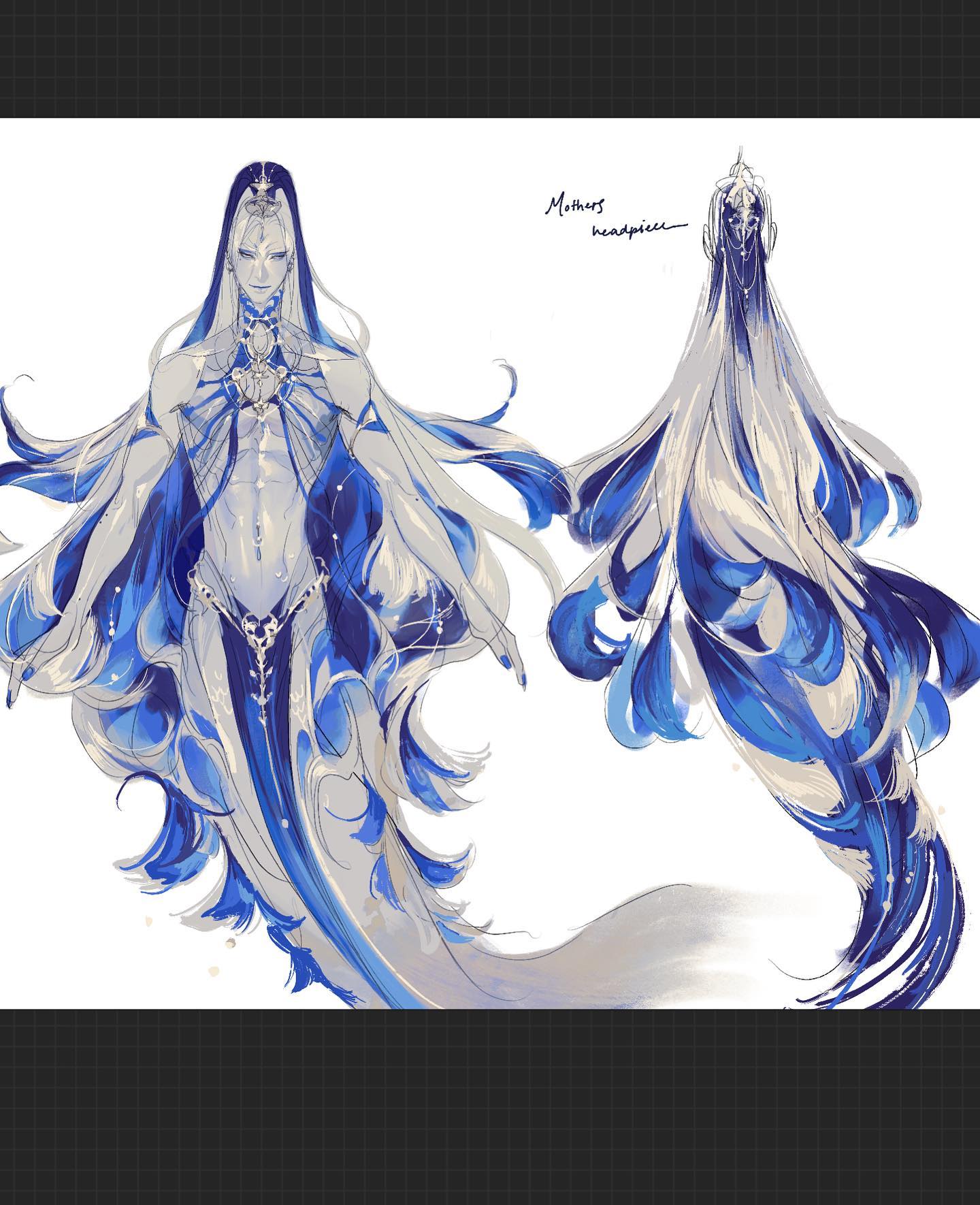 the image showcases a character design of a male mermaid against a clean, white background. the mermaid, with pale skin and piercing blue eyes, exudes an aura of elegance and regality. he is adorned with intricate jewelry, a crown upon his head, and flowing, ethereal garments. his long, wavy hair cascades down, seamlessly transitioning into a magnificent blue fishtail. the predominant color scheme revolves around various shades of blue, white, and hints of silver, lending an overall sense of tranquility and mystique to the artwork. a smaller, separate sketch to the right focuses on the intricate details and flow of the mermaid’s elaborate hairstyle.