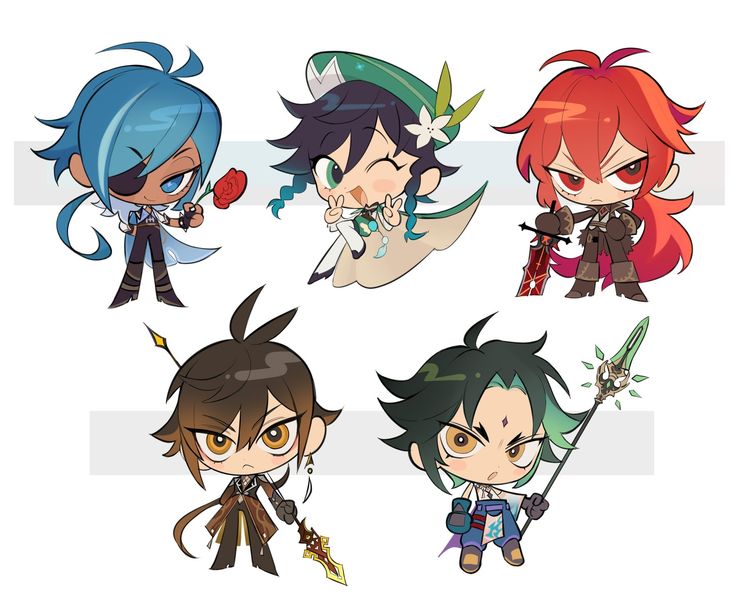 the image showcases five chibistyle illustrations of characters from the video game genshin impact. each character is distinctively designed with their signature clothing, weapons, and features. they are presented individually against a clean white background, with simple grey separators.  the art style is bright, colorful, and cute, resembling popular chibi character designs found in anime, manga, and other video games.  the overall impression is that of fan art, possibly for collectible figurines or merchandise.