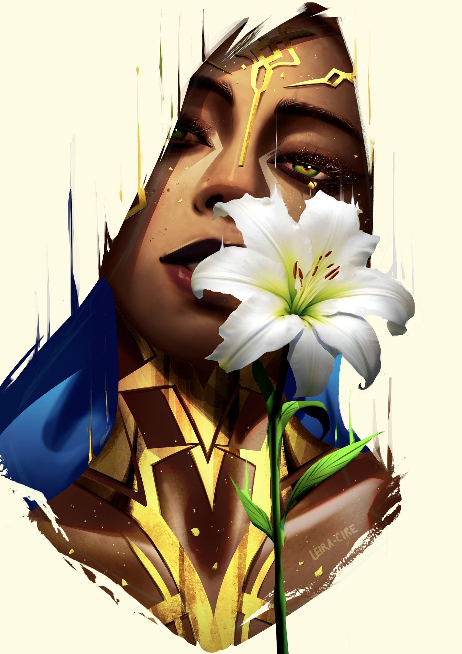 the image is a digital painting of a darkskinned woman, possibly a goddess or fantasy character.  she is depicted from the chest up, wearing a hooded garment that reveals gold and brown ornate patterns on her attire and body. her expression is serene and enigmatic.  a large, white lily is prominently featured, held close to her face, adding to the image's mystical and elegant atmosphere. the background is an abstract wash of white and hints of blue, creating a soft, painterly effect around the figure. the artist's signature, "leiracire," is subtly placed within the painting. the overall style is a blend of fantasy and realism, with a focus on dramatic lighting and rich color.