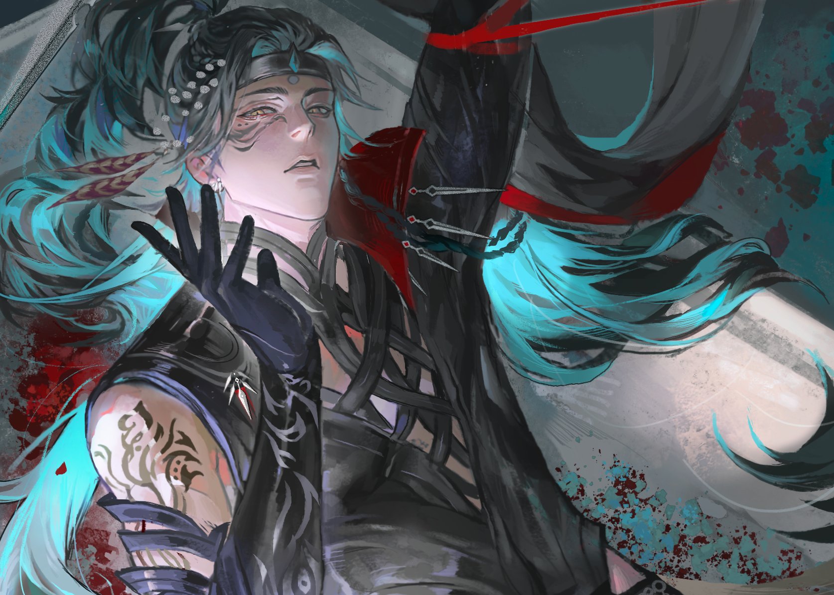 this is a digital art illustration of a male anime character. he has blue hair, black clothing and a red scarf. he is holding a sword and his eyes are a dark color. he appears to be in a battle scene. the image is stylized with detail and realism.