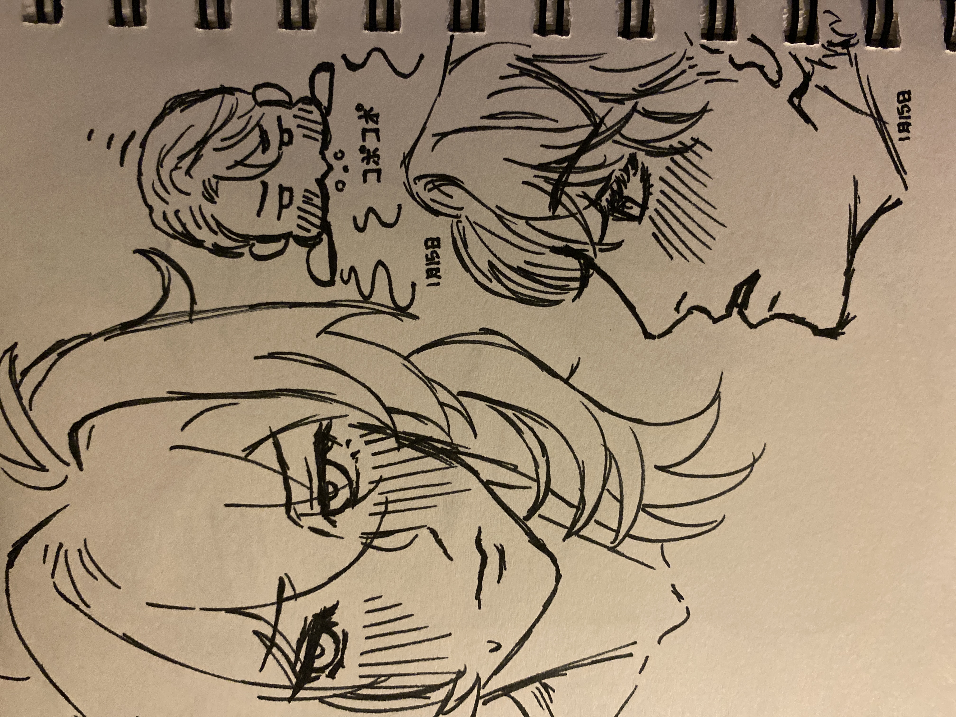 the image is a collection of ink drawings on a notebook page. the largest drawing is a closeup portrait of a young woman with long, wavy hair. she has a soft, slightly melancholic expression, with subtle blush marks on her cheeks.  next to her is a smaller drawing of a young man in profile, also with expressive features and blush.  above the woman is a small, chibistyle drawing of a man seemingly thinking, enclosed by a thought bubble with some japanese text.  the style is reminiscent of anime or manga, with expressive eyes and a focus on capturing emotion through line work. the overall style is loose and sketchy, typical of a quick drawing or concept art. the artist's signature or date is visible in small writing in two places on the page.