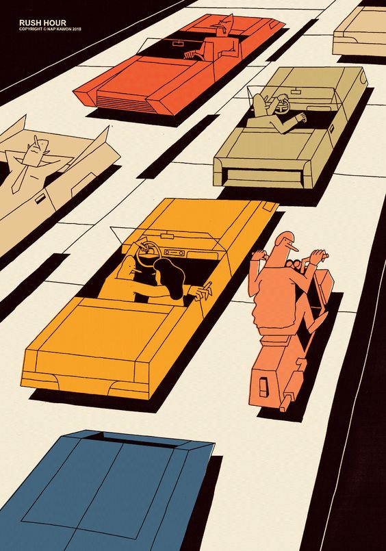 this is a digital illustration of a rush hour scene with cars, people and a motorcyclist. the illustration is done in a colorful flat style with minimal detail. the background is white with black lines separating each lane of traffic. the cars are yellow, red and blue, and the people are red and orange. the motorcyclist is blue and orange. the overall effect is playful, whimsical and colorful.