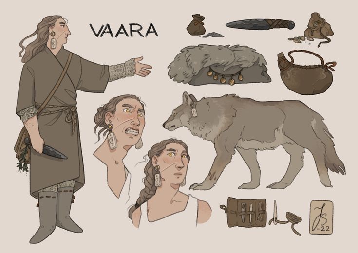 the image shows a character design for a woman named vaara. there are drawings of her face from multiple angles, as well as her full body. she is wearing a brown cloak,  a belt with a knife strapped to it, and a pouch.  the image also includes other objects associated with vaara, including a wolf, a bag, a knife, and a pouch.  the drawing is done in a simple, cartoon style. the background is a light beige color.