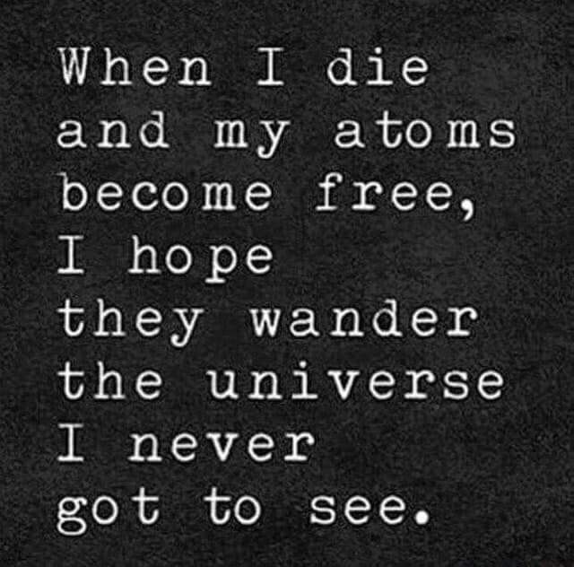 the image shows a quote in white text on a dark, textured background. the quote reads, "when i die and my atoms become free, i hope they wander the universe i never got to see." the overall effect is contemplative and philosophical.