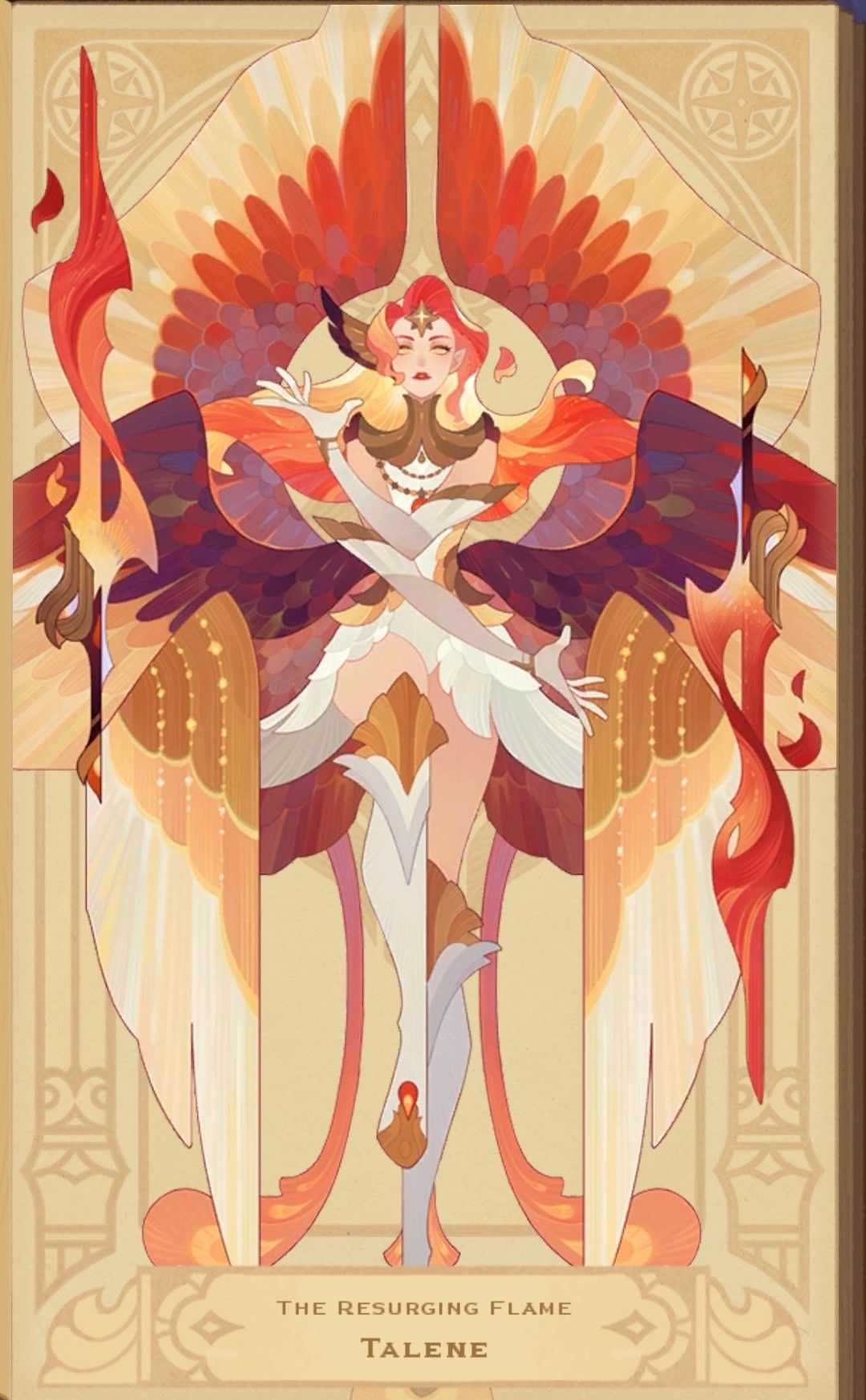 he illustration showcases a powerful female figure with fiery hair and golden armor, reminiscent of an angel or a phoenix. she stands within a stainedglassstyle frame, her majestic wings outstretched.  the palette is dominated by warm tones of gold, orange, and red, creating a sense of divine power and warmth. her attire is intricately designed, suggesting royalty and strength. light emanates from her, illuminating the artwork and emphasizing her importance. the overall feel of the image is one of awe, power, and beauty.