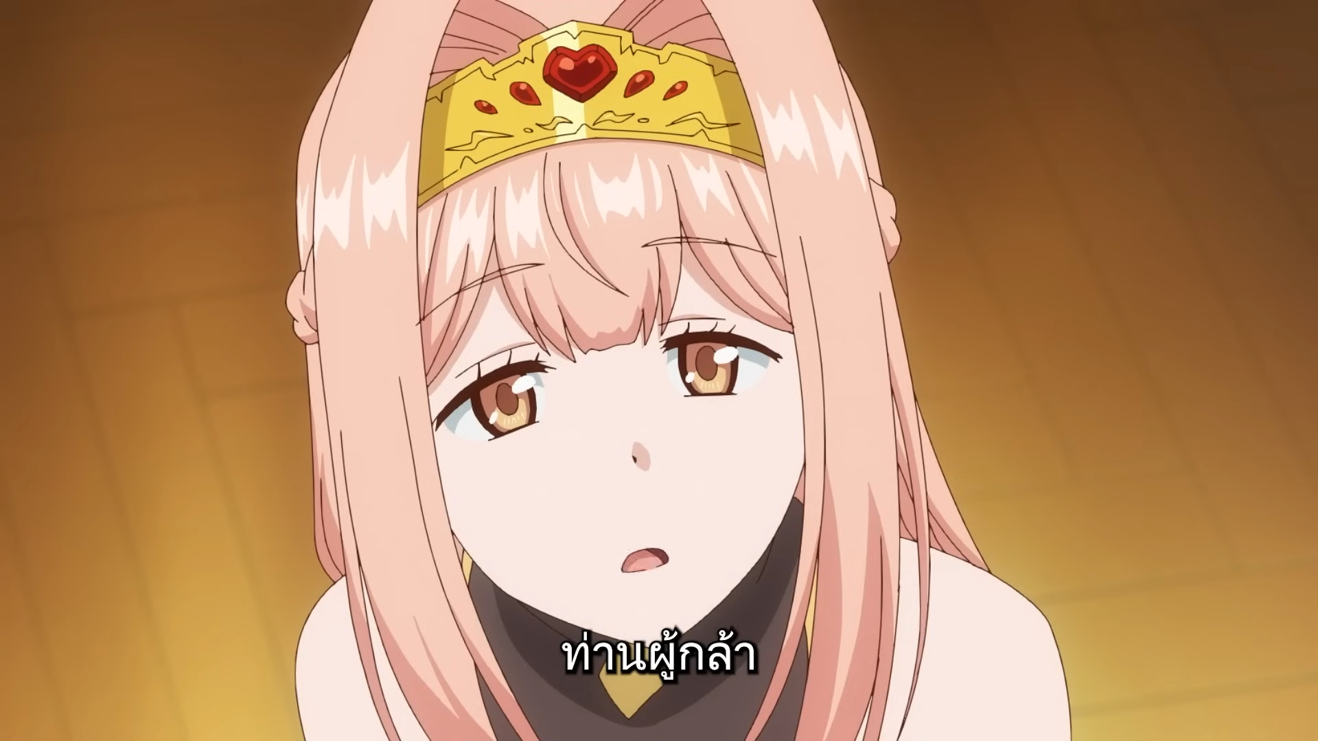 a closeup shot of an anime character with pink hair, fair skin, and brown eyes, expressing surprise. she wears a gold tiara adorned with red gems, and her visible attire suggests a sleeveless darkcolored top. the setting appears to be indoors, bathed in warm lighting, creating a soft and inviting ambiance.