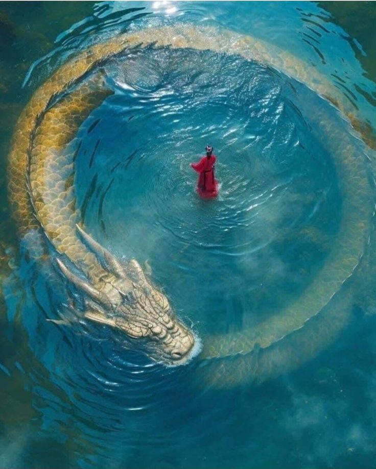 an aerial view of a large, golden dragon swimming in a circular pattern in blue water, encircling a person wearing a red robe standing in the middle of the circle. the dragon's head is visible near the bottom of the frame, and its scaly body forms a ring around the person. the scene appears to be from a fantasy setting.