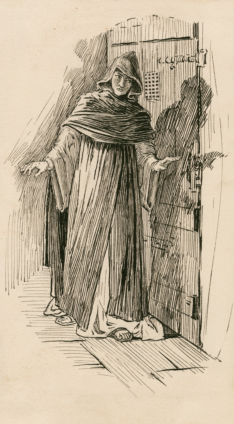 a pen and ink illustration depicts a monk standing near a door. the monk is wearing a hooded robe, and his hands are outstretched. he appears to be in a historical setting, with a simple door behind him. the illustration is done in a vintage style, with detailed linework.