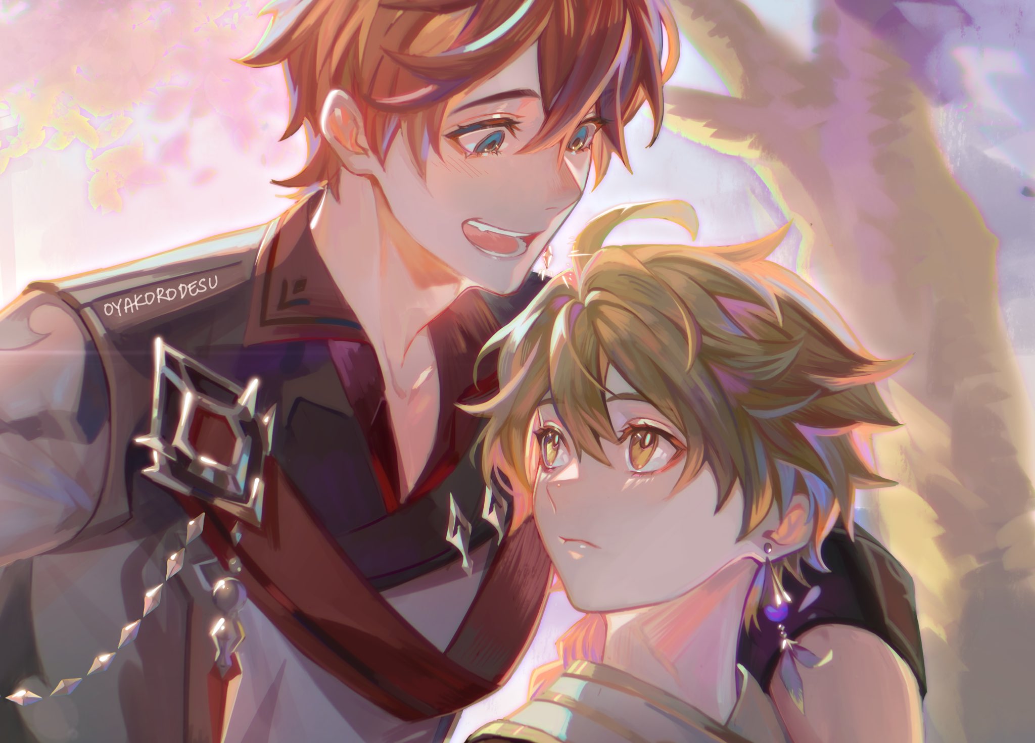the image is a digital illustration of two anime boys standing close together. the boy on the left is wearing a red and black jacket with gold accents. he has brown hair and brown eyes and is smiling. the boy on the right has blond hair and brown eyes. he is wearing a white shirt and a purple and white floral scarf. he is looking to the right with a soft smile. they are standing in a forest, surrounded by trees and flowers. the background is soft and blurry, with warm, pastel colors. the image is sweet and romantic, suggesting a close relationship between the two boys.