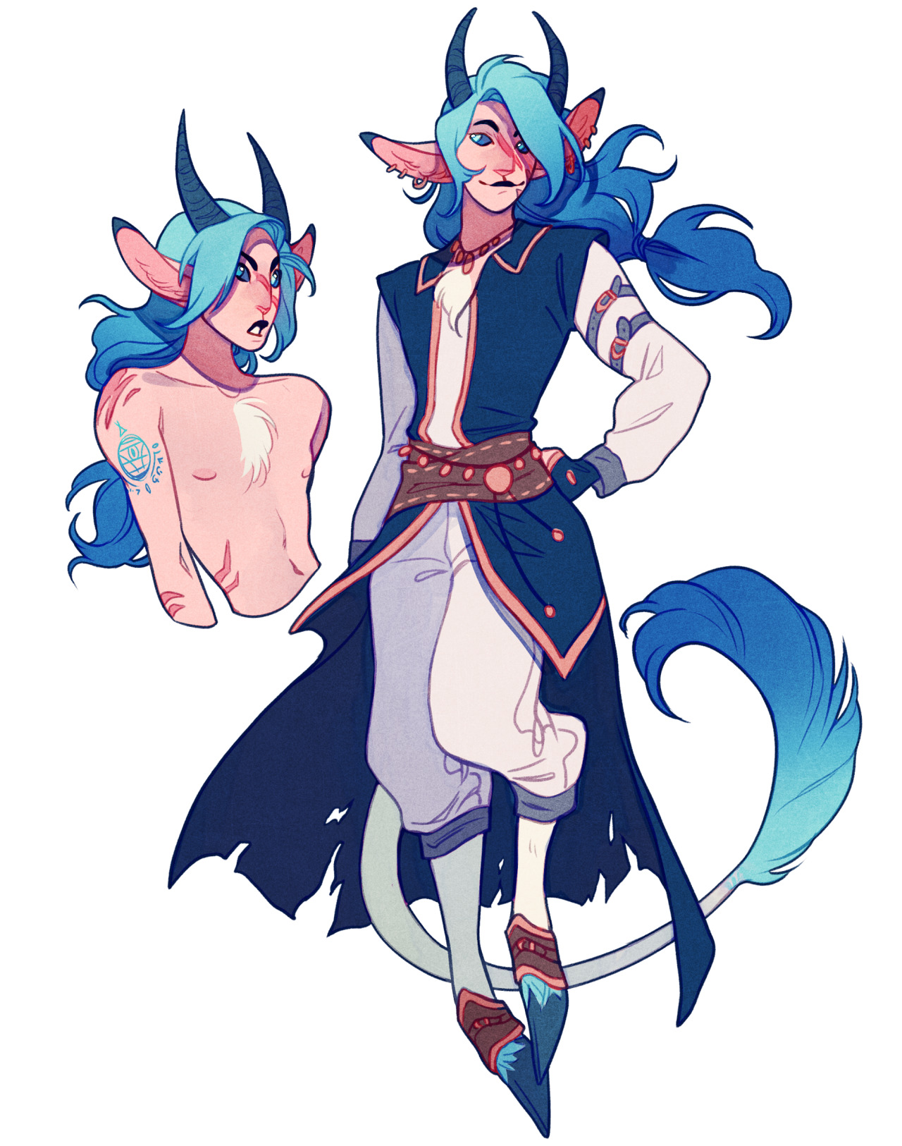 a digital character design of a satyr dressed in pirateinspired clothing. he is standing in a confident pose. there is a small bust beside him that shows a front and back view of his head and torso.