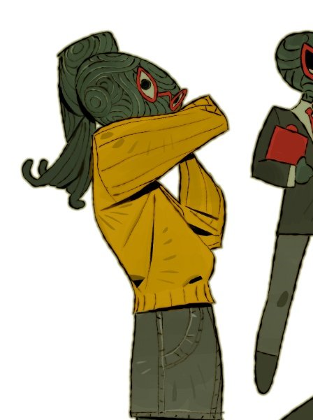 he image is a stylized illustration or digital drawing of two characters. the main focus is on a femalepresenting character with green, swirling, textured skin, a yellow sweater, and a darkcolored skirt.  she has a unique hairstyle resembling a coiled mass of dark green material and wears redrimmed glasses. she is depicted with her arms crossed in front of her,  seemingly looking away from the viewer.  in the background, partially visible, is a taller, more formally dressed figure in a suit, carrying a red briefcase, who seems to be of a similar alien or humanoid design, but in darker, more muted colors. the style is cartoonish but with a deliberate sense of surrealism and abstract quality in the figures' design.  the background is pure white, drawing all attention to the characters.