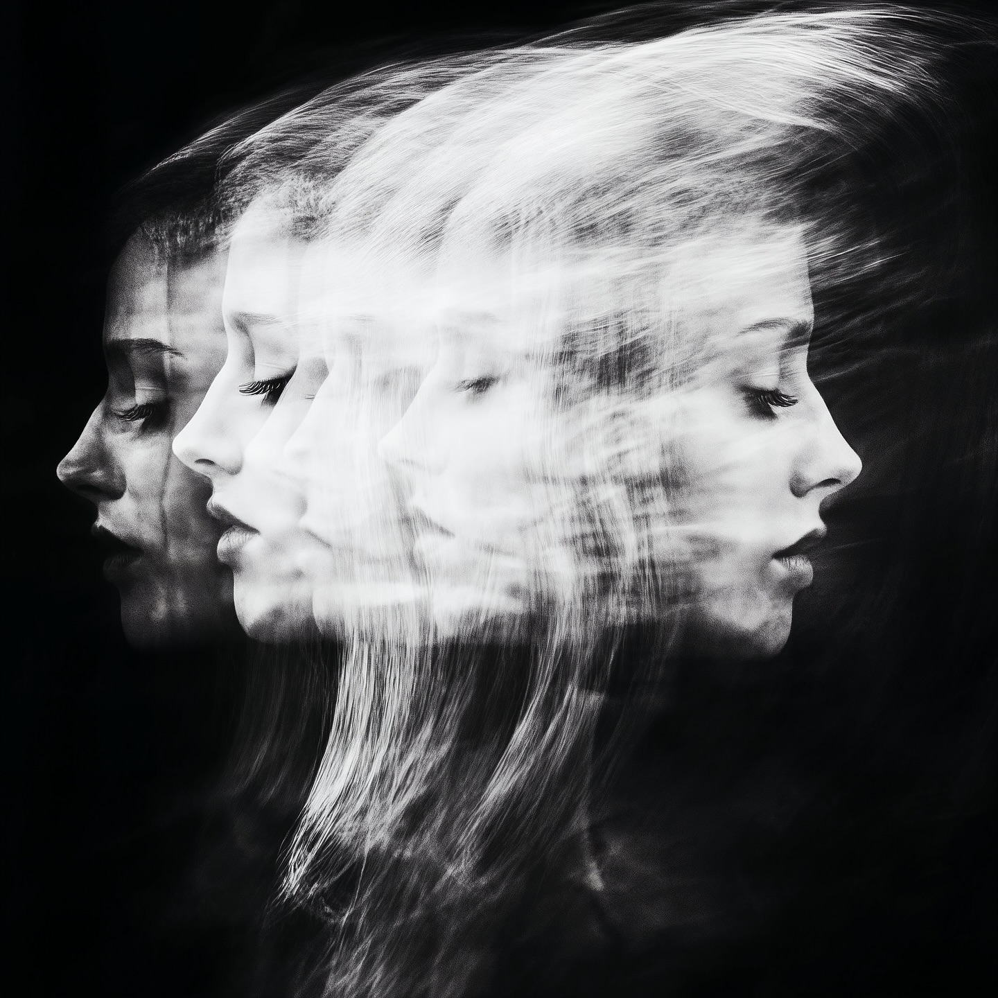 a black and white portrait of a woman's face, with multiple exposures layered on top of each other, creating a dreamy and ethereal effect. the woman's profile is softened and blurred, with her hair flowing out in a ghostly haze. the image is full of mystery and introspection, with the woman's multiple faces seemingly representing different aspects of her personality. the image is a powerful and beautiful representation of the complex inner world of a woman.