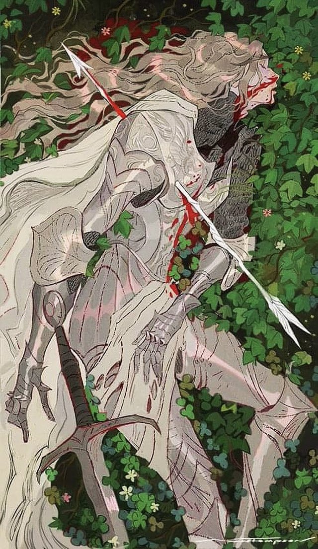 a woman in white armor lies dead in a forest. she is surrounded by greenery and leaves, and her armor is stained with blood. she has an arrow in her chest and a sword lies by her side.  the art style is illustrative and the image has a fantasy feel.