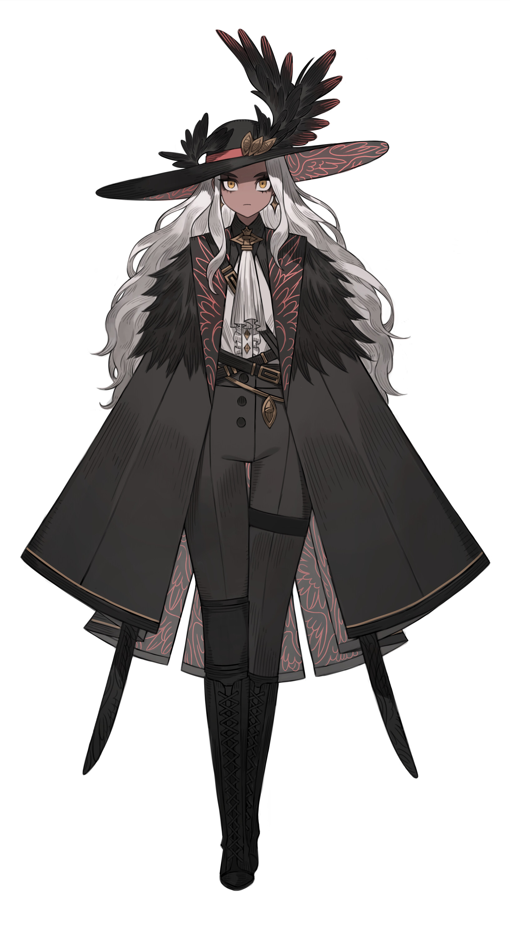 a digital illustration of a female character with dark skin and long white hair. she's wearing a gothicinspired outfit featuring a widebrimmed hat with feather adornments, a long black cape, a tailored jacket and pants, and kneehigh boots. two swords are sheathed at her sides. the background is plain white.