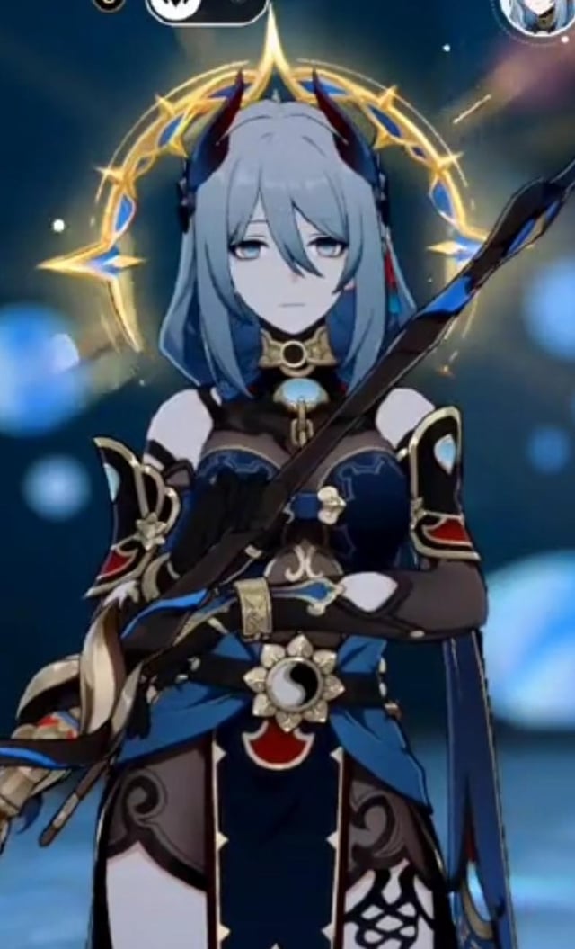 the image showcases yelan, a playable character from the popular video game genshin impact.  she's depicted in a detailed, stylized animelike art style.  yelan is prominently featured, taking center stage against a blurred background with swirling blue and gold effects. she stands with her arms crossed, holding a polearm, her expression serious. her outfit is predominantly blue and black, adorned with gold accents, intricate designs, and a distinct yinyang symbol on her belt. the overall aesthetic evokes her ingame character design and the mystical atmosphere of liyue, her home region within the game.
