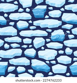 this is a cartoon illustration of a series of ice floes. they are light blue and sit in dark blue water.