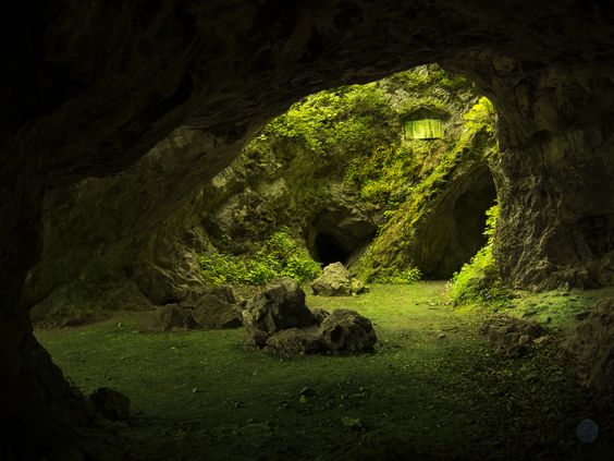 this image captures the interior of a mosscovered cave, with sunlight streaming in through an opening in the ceiling. the cave floor is covered in green moss and scattered with rocks, creating a serene and mysterious atmosphere. the lighting is dramatic, with deep shadows contrasting against the brightly lit opening.