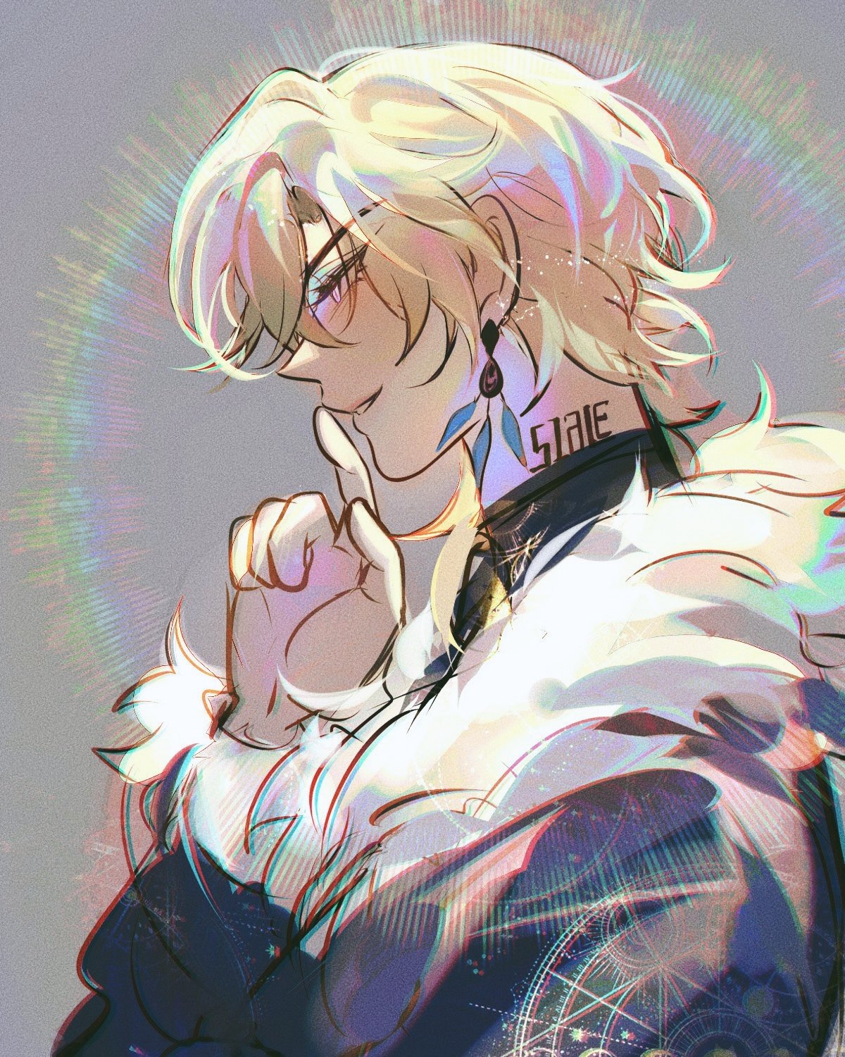 the image is a digital fanart depicting a stylized animestyle male character. he has long, blond hair with iridescent highlights, purple eyes, and is wearing an elaborate outfit that includes a choker with some kind of inscription and a large earring.  he's positioned in a threequarter view, his hand raised to his mouth in a "shhh" gesture. the background is abstract and features iridescent glows and swirling patterns, giving the overall piece a mystical and ethereal atmosphere. the art style is highly stylized, with a focus on color and texture. the character's expression is serious and secretive, enhancing the overall mysterious mood of the artwork.