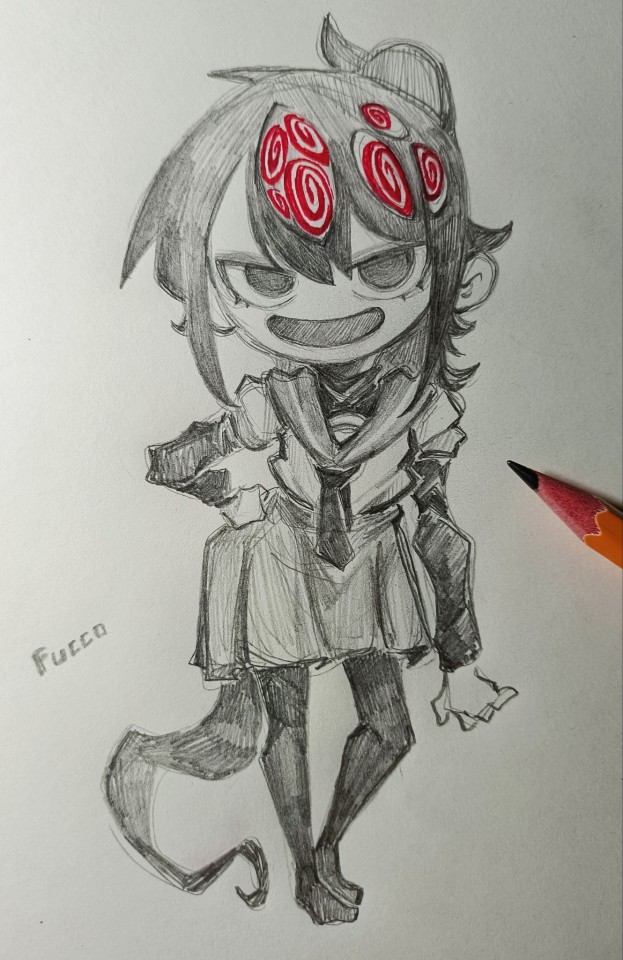 a handdrawn pencil sketch of a girl with dark hair, wearing a school uniform with a long skirt and a black tie.  she is standing with her arms folded, and her eyes are large and black with red spiral designs. the girl's appearance is slightly dark and creepy.