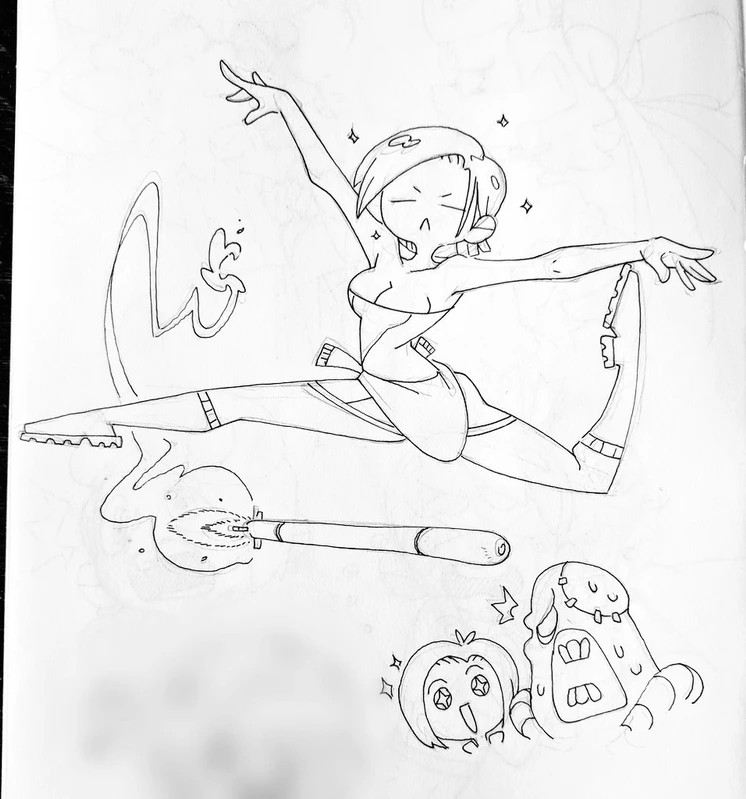 an animestyle cartoon drawing of a girl with a wand, doing a split in the air. she has her wand pointed upwards, and the stick is emanating magic fire. there are two smaller cartoon drawings of other figures, one of a small girl, and another of a monsterlike creature. the girl is staring at the wand, while the monster is smiling with its mouth open. they are both looking at the girl with the wand.