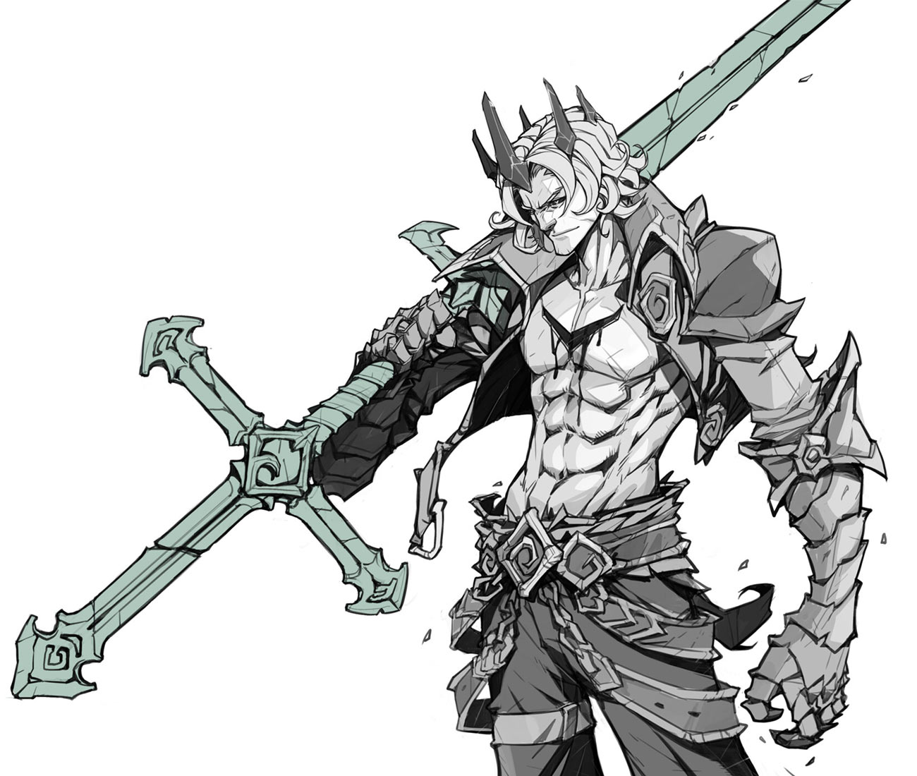 a black and white illustration of a warrior wielding a large sword, with detailed armor and a menacing expression. he appears to be a fantasy character with a powerful and fierce demeanor. his muscular physique and the dramatic pose of the sword create a dynamic composition.