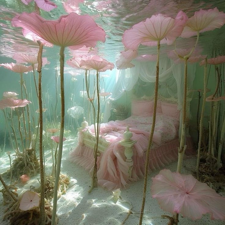 an ethereal underwater bedroom scene with a fourposter bed adorned with pink, sheer fabric, surrounded by large, pink lily pads. the water is clear and turquoise, with sunlight filtering through, creating a dreamy and magical atmosphere.