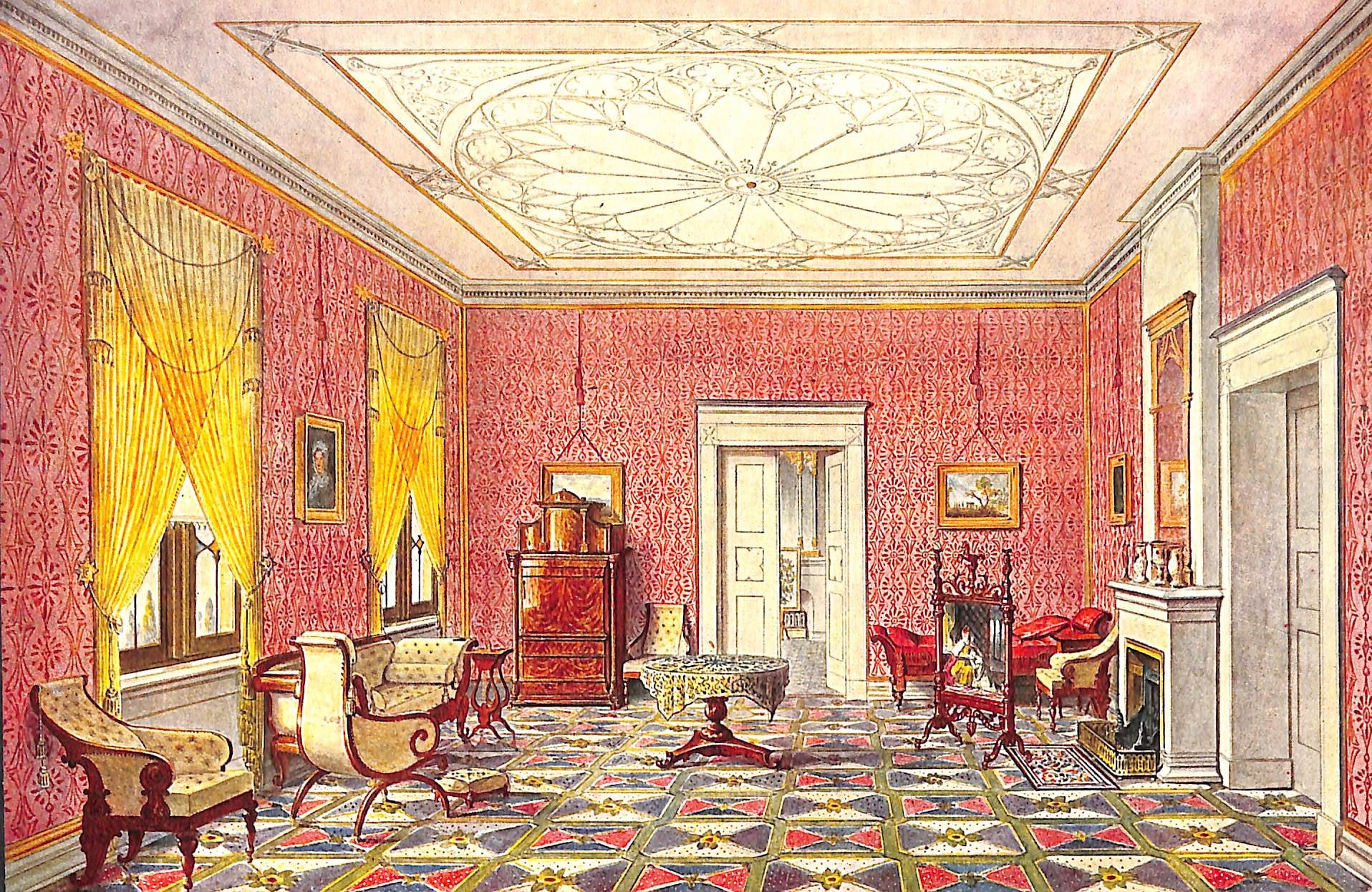 an interior view of a room with red patterned wallpaper, yellow curtains, a fireplace, and various furniture pieces. the room also has paintings on the walls, a decorative ceiling design, and a patterned floor. a doorway leads to another room visible in the background.