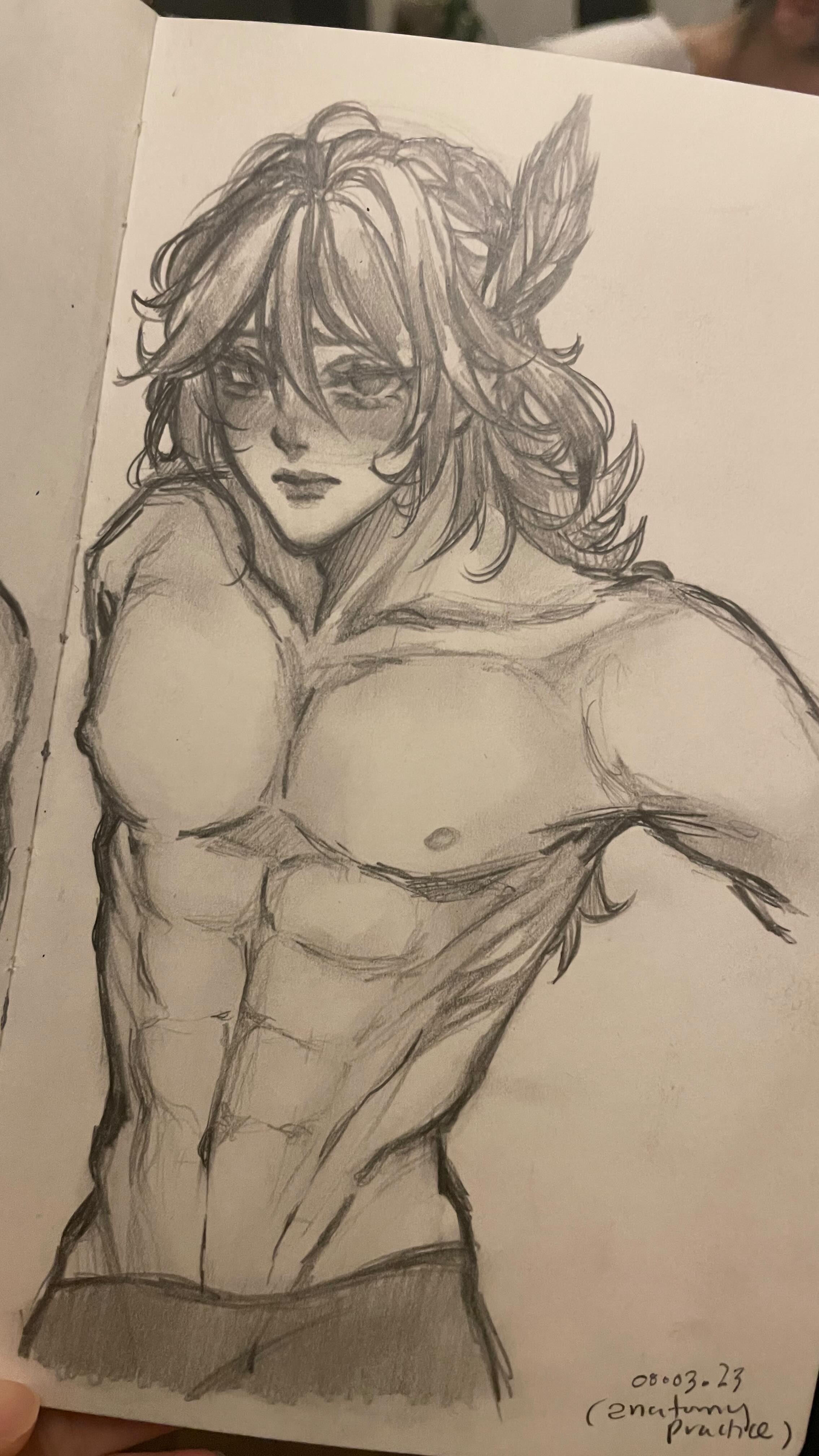 he image is a closeup shot of a pencil sketch on a sketchbook page. the sketch depicts a shirtless, muscular male figure with long hair styled with a feather ornament. the style is reminiscent of anime or manga, with a focus on the character's physique and facial features. the sketch is done in grayscale, with varying shades of pencil used to create depth and texture. the artist has included a date and the word "practice" indicating that the drawing is a work in progress or intended as a study.