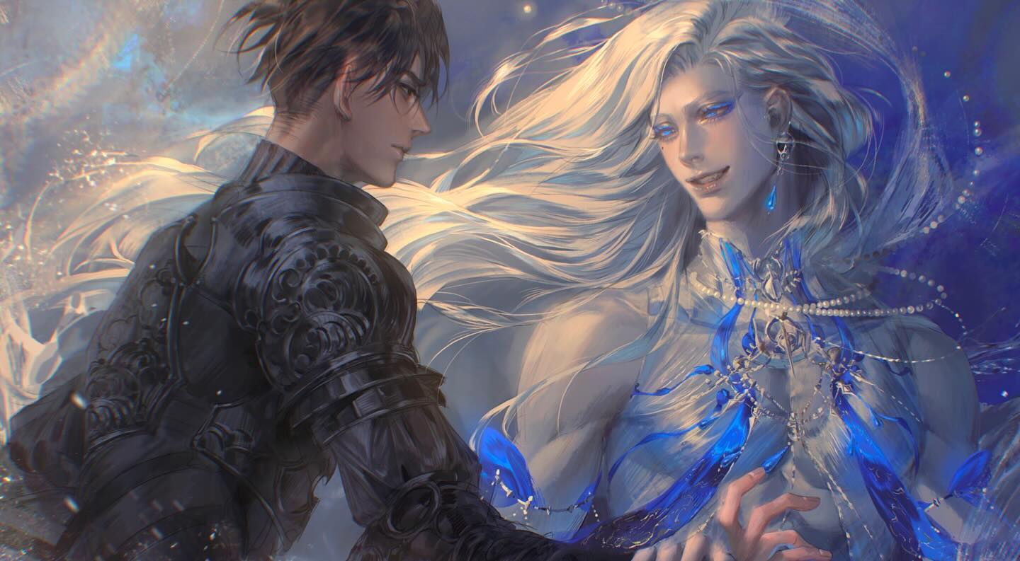 a digital art illustration of two men with long flowing hair, one with dark hair and one with white hair. they appear to be in a cosmic environment and are reaching out to touch hands.