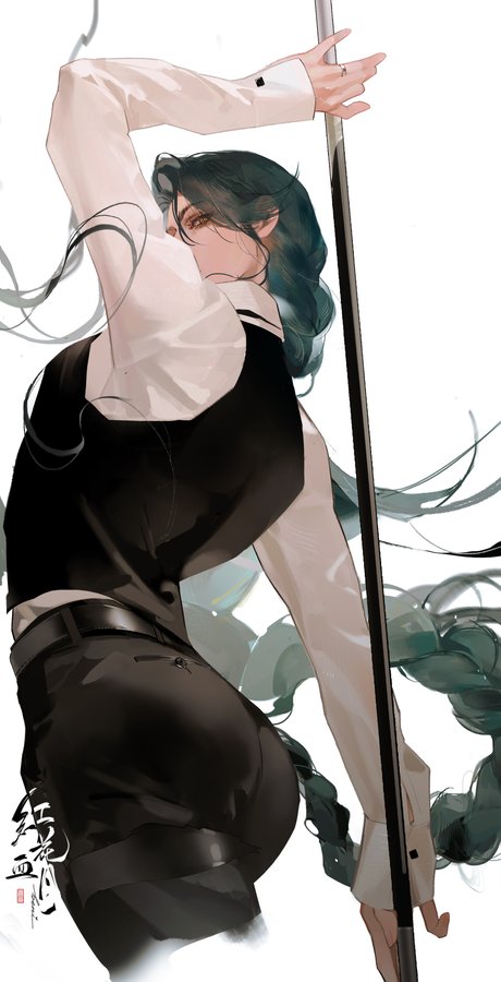 a digital illustration of a woman from an anime. she is wearing a white shirt and black vest, with black pants, and black boots. she has long black hair and is holding a staff. she is looking down at the staff, with a serious expression. she is shown from a side view.