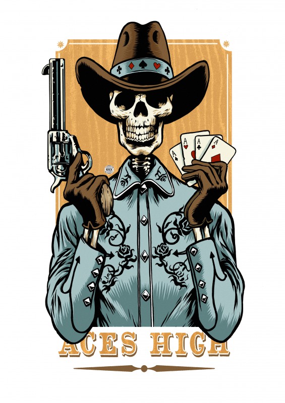 a skeleton wearing a cowboy hat, bandana, and shirt, holding a gun in one hand and a set of aces in the other. the background is a wooden board with a poster that says "aces high".  the skeleton's grin is a bit unsettling and suggests a dangerous cowboy.