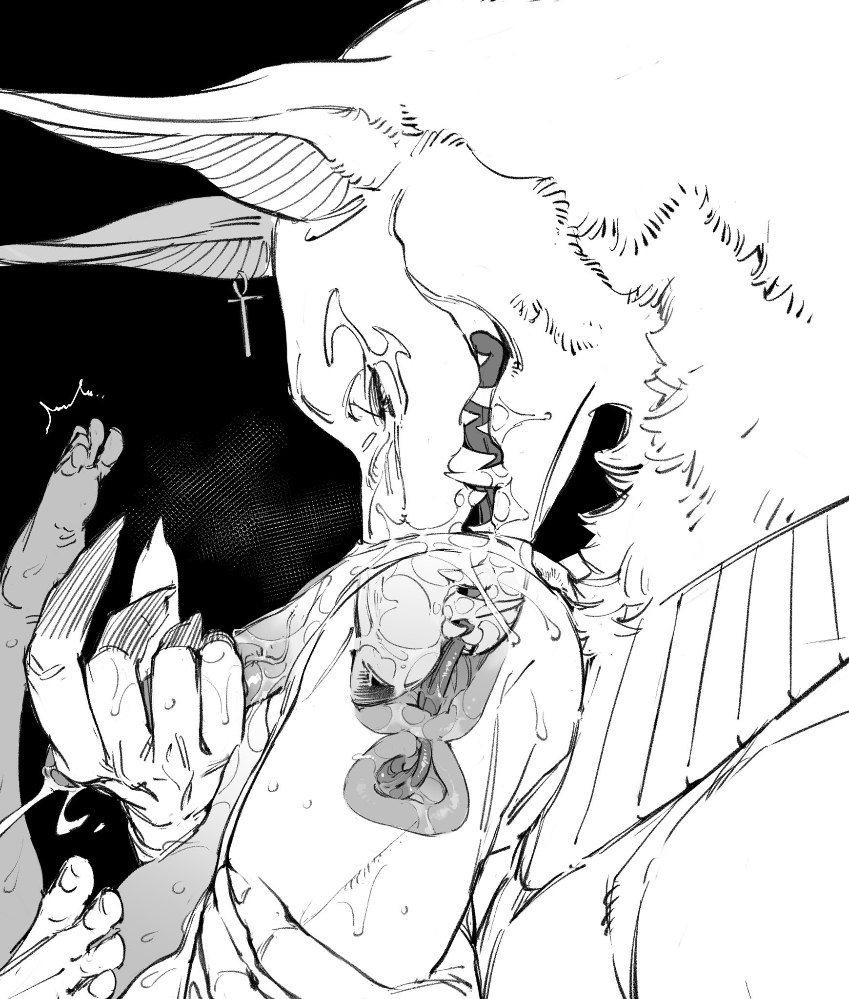 a black and white drawing of a monster with sharp fangs biting into another creature. the scene is dark and disturbing. the monster is depicted as very large and powerful, while the creature it is attacking is smaller and more vulnerable. the drawing is very detailed and expressive, and it successfully conveys the violence and horror of the situation.