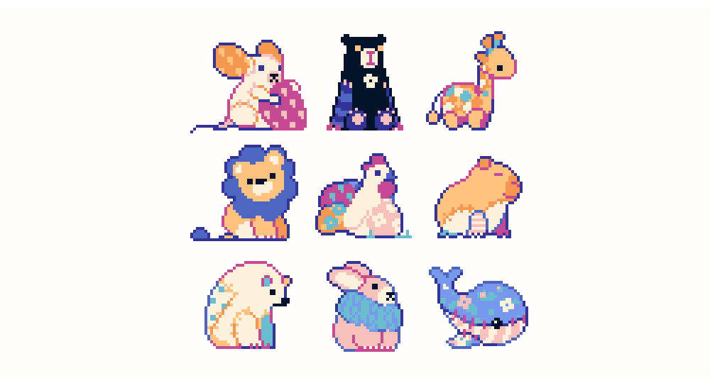the image contains pixel art illustrations of various cute animals. each animal is depicted in a cartoon style with pastel colors and floral patterns. the animals include a mouse, bear, giraffe, lion, chicken, capybara, polar bear, rabbit, and whale.  they are arranged in a grid pattern on a white background.  the style is reminiscent of 8bit or 16bit video game graphics.