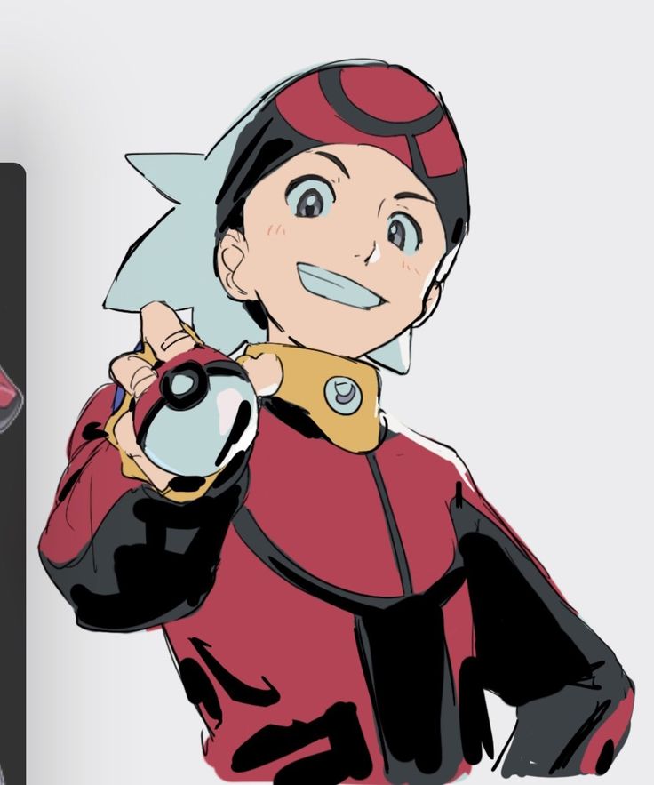 he image is a digital drawing or sketch of a young male pokémon trainer.  he has light gray hair, a red and black outfit, a red headband with a black circle design, and is holding a pokéball. his expression is cheerful and confident, and he is posed dynamically, seemingly presenting the pokéball to the viewer.  the art style is reminiscent of anime and manga, with slightly simplified features and a focus on expressive lines. the background is plain white, directing the viewer's attention to the character.