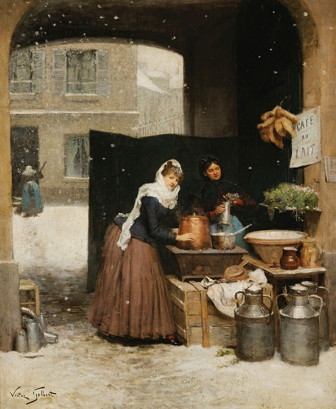 this painting depicts two women working at a cafe au lait stand on a snowy street. one woman is wearing a dark blue jacket and a long brown skirt, with a white headscarf. she is touching a copper pot on a wooden crate. the other woman, wearing a dark coat, is pouring milk from a metal pitcher. several milk cans are lined up near the front of the stand. behind them, there is a sign that says "cafe au lait". the scene is set in a doorway, with a building visible in the background. snow is falling throughout the scene.