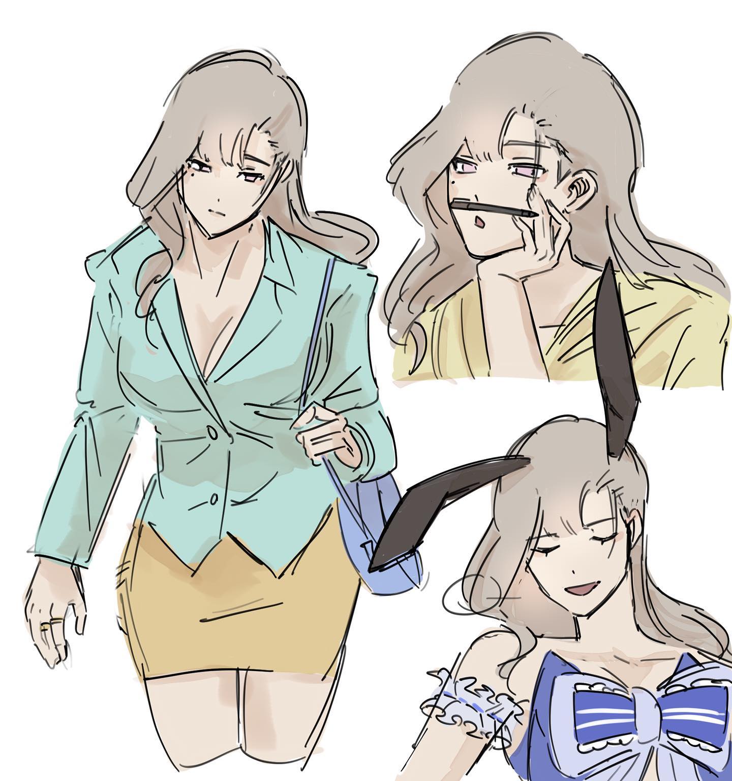 the image shows three different sketches of the same woman. the first sketch shows the woman in a business casual outfit with a blazer and skirt. the second sketch shows the woman in a more casual outfit with a tank top and her hair down. the third sketch shows the woman in a playful outfit with bunny ears. all three sketches are drawn in a loose, sketchy style.