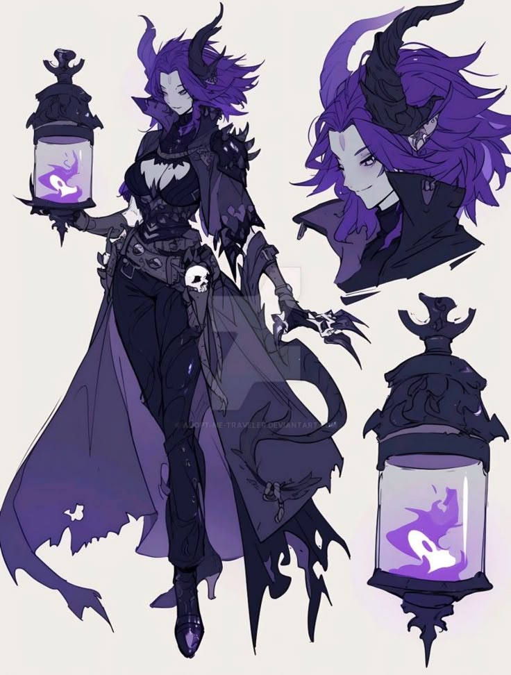 the image shows an animestyle demon character with purple hair and horns, holding a lantern containing purple energy. she has a skull on her belt and clawlike fingers. she wears a long, dark coat and high heels, completing her spooky, fantasyinspired look. a closeup of her face and the lantern are also shown.